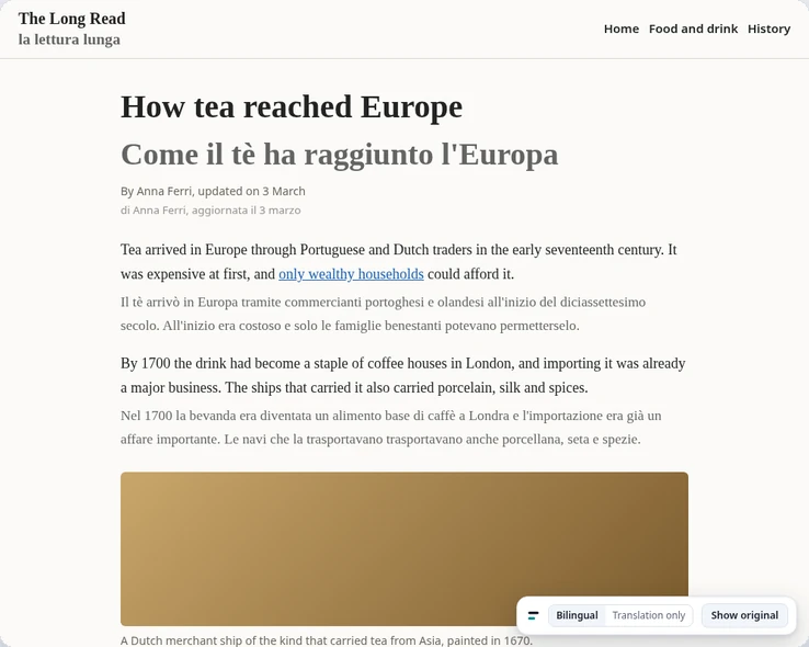 An article in the bilingual view: an Italian translation sits under each English paragraph, and a small bar at the bottom right switches between Bilingual, Translation only and Show original.