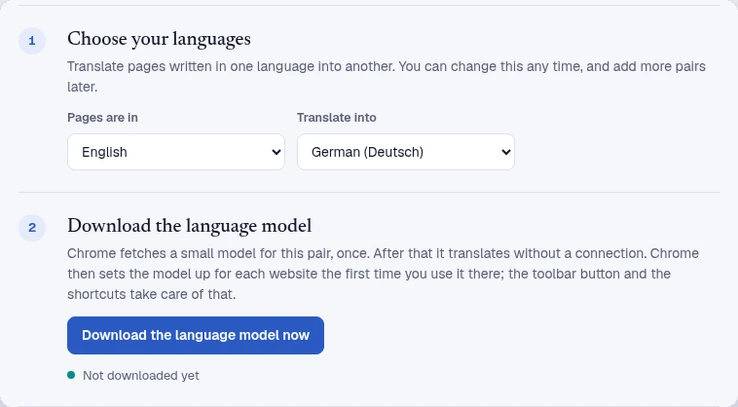 The Twinread welcome page: step 1, choose your languages; step 2, download the language model, with a button labelled Download the language model now.