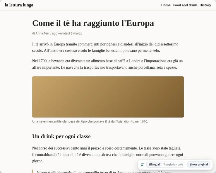 The same article in translation-only view: the page text is now Italian, and the view bar at the bottom right is still there.