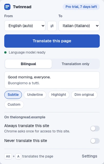The Twinread popup: From and To language menus with a swap button, a Translate this page button, a Bilingual and Translation only switch, and four look buttons.