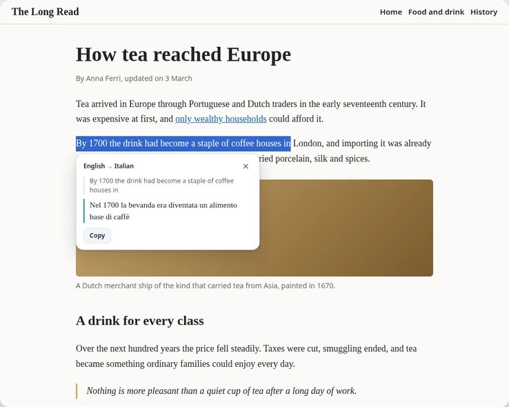 A selected sentence on an article page, with a card below it showing the English text, its Italian translation and a Copy button.